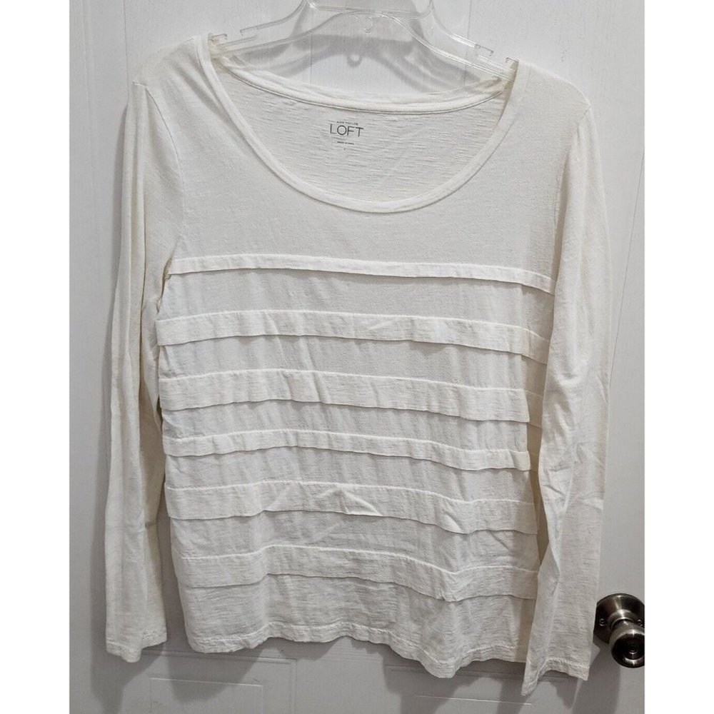 Ann Taylor LOFT Women's Long Sleeve Knit Tee Shirt Top Fabric Stripes White Sz L